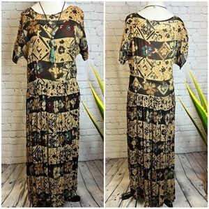 Vintage Rayon Maxi Dress Dropped Waist Sheer Overlay Made In India Size S